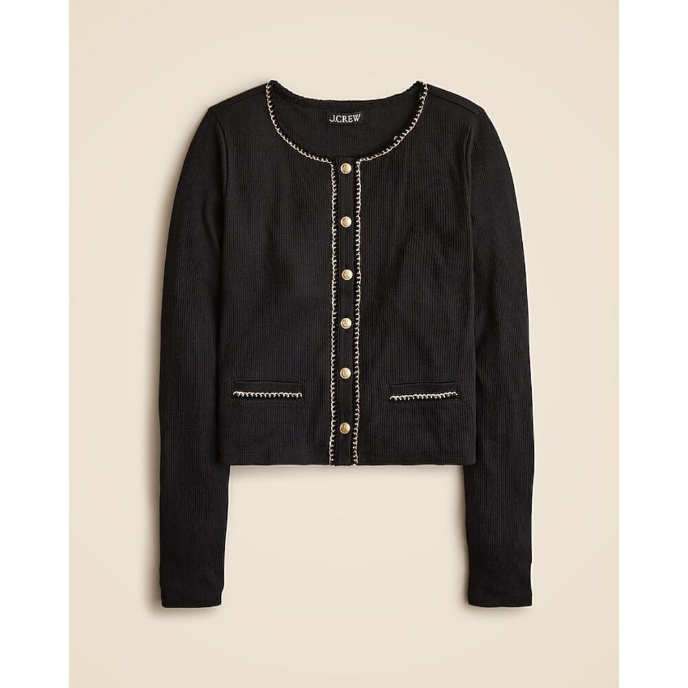 J.Crew Vintage rib lady jacket Cardigan chain trim Black Sz 2X Old Money Preppy - Picture 1 of 9